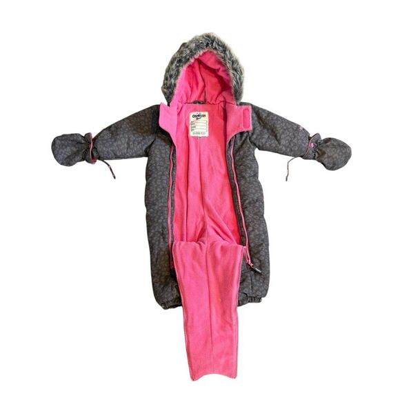 OshKosh b'Gosh Snow Suit 18 Months Girl Gray Leopard Pink Faux Fur Collar Warm - Picture 5 of 10
